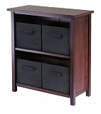 Winsome Wood Verona Wood 3 Tier Open Cabinet with 4 Black Folding Fabric Baskets