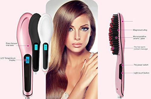 Upgraded Ceramic Professional Electric Hair Brush Straightener LCD Display Automatic Temperature Control Iron Brush Heating Hot Comb (Pink)