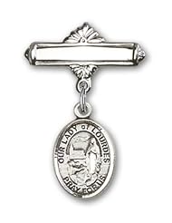 Sterling Silver Baby Badge with Our Lady of Lourdes Charm and Polished Badge Pin