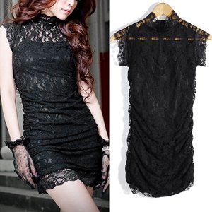 Sexy Glam Dress Cocktail Minikleid Pencil Kleid Langarm Spitze Abendkleid Business Partykleid Ballkleid Party Cocktailkleid mit Handschuhe Schwarz