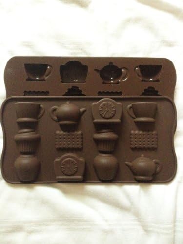" IT'S TEA TIME " SILICONE cake cookie chocolate soap MOULD ice cube tray , includes cup , tea pot , clock , biscuit , cake , can , icing mold