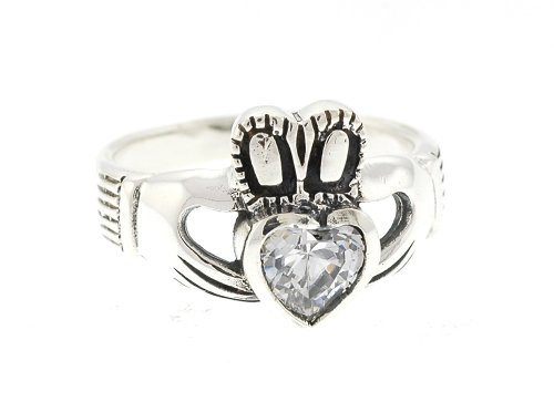 Sterling Silver Ring with Clear Cubic Zirconia Claddagh Face Height 10mm Band Width 3mm