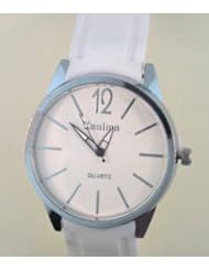 White Silicone Rubber Gel Smooth Grooved Band Watch with Large Thick Face. Hands Are Glow in the Dark.