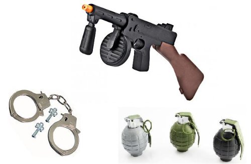 Toy Tommy Gun + Metal Handcuffs + 3 Realistic Toy Grenades with removable pins