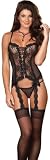 Sexy Black Lace Up Corset Lingerie - Naughty Sleepwear Set with Thong and Stockings