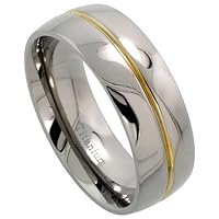 Titanium 5/16 (8mm) Comfort Fit Dome Wedding Band Ring w/ Gold Plated Groove (Available in Sizes 7 to14.5), size 7