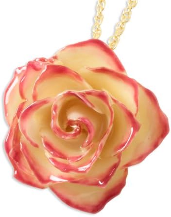 Roses and Leaves Lacquer Dipped Cream & Fuchsia Rose w/ Gold-tone Chain