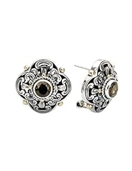 925 Silver & Smoky Quartz Ornate Flower Scroll Earrings with 18k Gold Accents