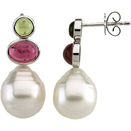 12MM Baroque White Pearl, Pink Tourmaline And Peridot Earrings -14K