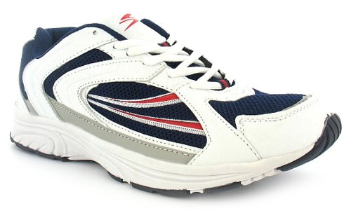 Mens Basic White Lace Up Cheap Sports Trainer - White/Navy/Red - UK 6-15