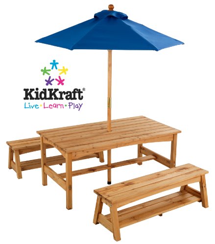 Table & Benches with Blue Umbrella