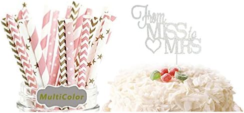 TPARTYCOM 25pcs Decorative Paper Sipping Straws With Silver FROM MISS TO MRS Wedding Cake Topper