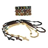 Set of 3 Carved Color Wooden Rosary with Photographs - Includes 3 Matching Bracelets - Black, Dark Brown, Light Brown