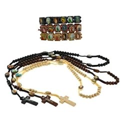 Set of 3 Carved Color Wooden Rosary with Photographs - Includes 3 Matching Bracelets - Black, Dark Brown, Light Brown