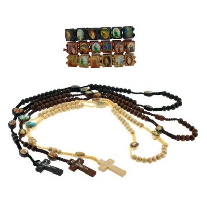 Set of 3 Carved Color Wooden Rosary with Photographs - Includes 3 Matching Bracelets - Black, Dark Brown, Light Brown