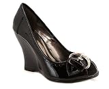PATENT BUCKLE PEEP TOE WEDGE