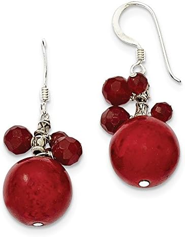 Sterling Silver Faceted Red Jasper &amp; 14mm Reconstituted Coral Earrings,