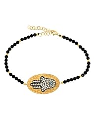 18K Yellow Gold 0.55Ct White Diamond Black Bead Hamsa Evil Eye Charm Bracelet 8" 8.1Gr