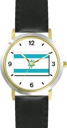 Flag of Israel No.1, Star of David or Mogen David Judaica Jewish Theme - WATCHBUDDY® DELUXE TWO-TONE THEME WATCH - Arabic Numbers - Black Leather Strap-Size-Large ( Men
