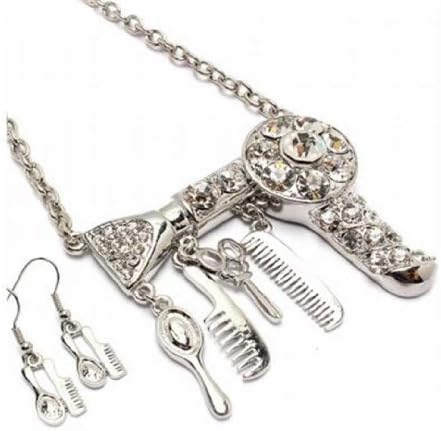 Big Blow Dryer Necklace Earring Set G5 Clear Crystals Hair Stylist