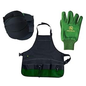 Click here to buy John Deere 3 Piece Gardening Set with Knee Pads, Apron, and Gloves #90237 by John Deere.