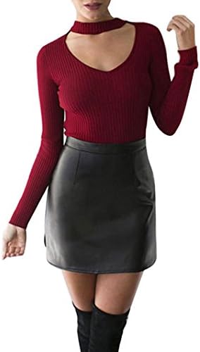 EKIMI Women Knit Casual Long Sleeve V-Neck Pullover Outwear Tops Sweater (M, Red)