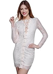 Lace-Up Shift Sheath Brocade Plunging Neck Long Sleeves Bodycon Dress 