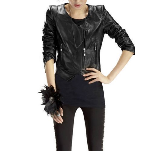 Allegra K Women Black Lapel Collar Long Sleeve Zip Up Textured Short Jacket XS