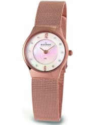Skagen Womens 233XSRR Crystal Accented Mother of Pearl Copper Mesh Watch