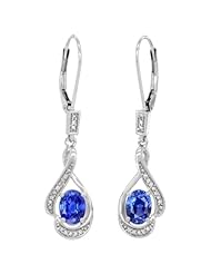 14k White Gold 3/4 in. (19mm) tall Lever Back Dangle Earrings, w/ 0.13 Carat Brilliant Cut Diamonds & 2.40 Carats Oval Cut 7x5mm Blue Sapphire Stones