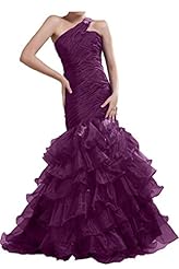 One Shoulder Organza  Natural   Waistline Mermaid Evening Dress  With Ruffles
