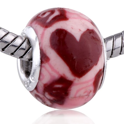 Pandora Style Bead Red Heart Circle Polymer Clay European Charm Bead Fits Pandora Bracelet