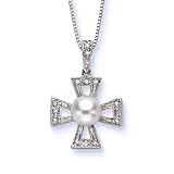 14k White Gold Pearl and Diamond Cross Pendant, 18