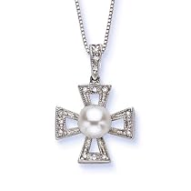 14k White Gold Pearl and Diamond Cross Pendant, 18"