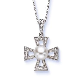 14k White Gold Pearl and Diamond Cross Pendant, 18"