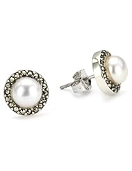 Judith Jack Sterling Silver Freshwater Pearl with Marcasite Pave Button Earrings