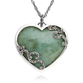 Sterling Silver Marcasite and Green Jade Heart Pendant, 18 by Amazon.com Collection
