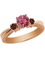 0.99 Ct Round Pink Diamond Red Garnet 925 Rose Gold Plated Silver 3-Stone Ring