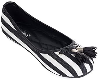 Women Ballerina Flats, Striped Canvas Shoes w/ Tassels, 6, Black