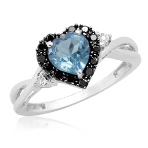 10k White Gold Heart-Shaped Blue Topaz with Round Black and White Diamonds Ring, Size 6