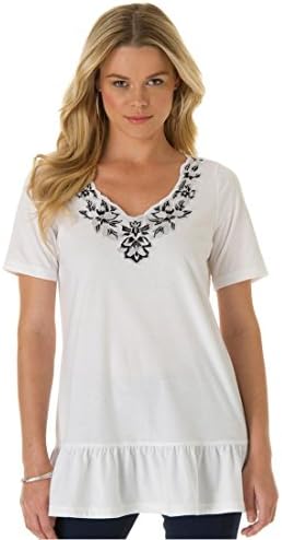 Roamans Women's Plus Size Embroidered Tee (White,1X)