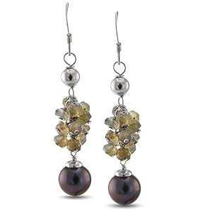 CleverEve's Peacock Pearl Drop Earrings With Gray Stones