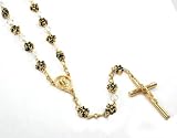 24 Gorgeous 24k Yellow Gold Layered Flowered Rosary Necklace with Genuine CZ Clear Crystals Antiqued Accents and Crucifix and Virgin Mary ~ Comes in a Beautiful Velour Gift Box (Rose13)