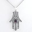 Hamsa Hand Pendant with Amethyst Gemstone and Menorah Design in Sterling Silver on 18" Rhodium and Sterling Box Chain, #8387