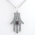 Hamsa Hand Pendant with Amethyst Stone and Menorah Design in Sterling Silver on 18" Rhodium and Sterling Silver Box Chain, #8387