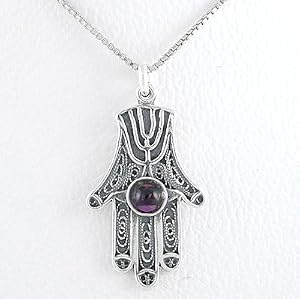 Hamsa Hand Pendant with Amethyst Gemstone and Menorah Design in Sterling Silver on 18" Rhodium and Sterling Box Chain, #8387