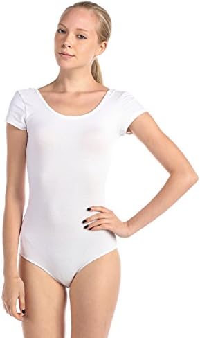 Womens Basic Solid Scoop Neck Bodysuit Stretch Leotard (Medium, White)