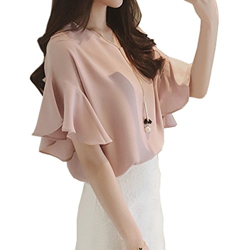 ELPIS レディース パール ペンダント シフォン シャツ 半袖 フリル ブラウス S M L XL 全4色