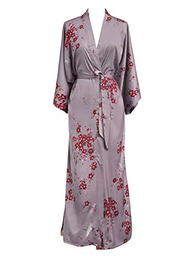 Old Shanghai Women's Kimono Robe Long - Watercolor Floral, cherry blossom & crane- dusk