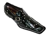 FIESSO BLACK METAL PERFORATIONS GENUINE LEATHER ITALIAN SHOES WITH BUCKLE ON THE SIDE